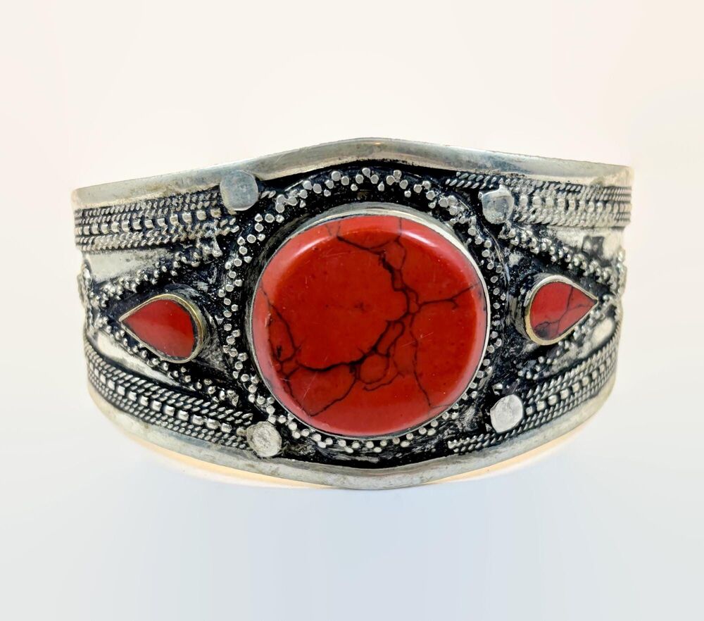 Vintage Afghan Kuchi Bracelet, Red Jasper, Ethnic Tribal Cuff, Middle Eastern